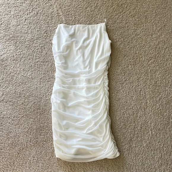 fashion nova white ruched dress Ready In A Ruched Off Shoulder Midi Dress